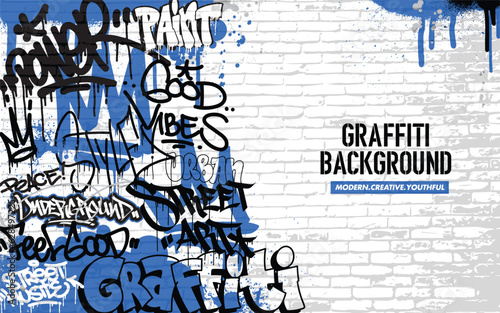 Graffiti background with throw-up and tagging hand-drawn style. Street art graffiti urban theme in vector format.