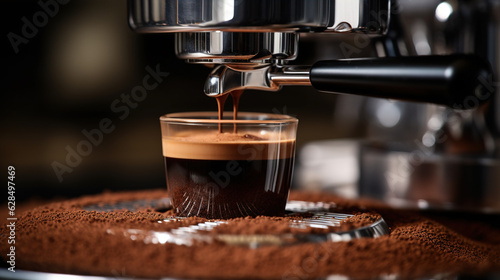 Espresso Machine Portafilter: Description: A close-up of an espresso machine's portafilter filled with finely ground coffee. The coffee grounds are evenly distributed and neatly tamped,