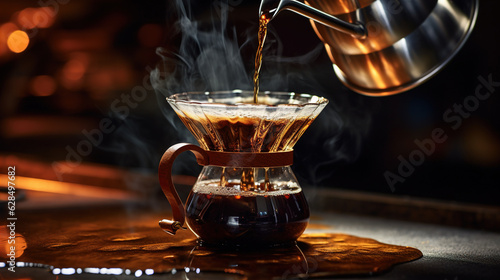 Coffee Drip: Description: A close-up photo capturing the moment hot water is poured over coffee grounds in a pour-over dripper. The water gently saturates the coffee,  photo