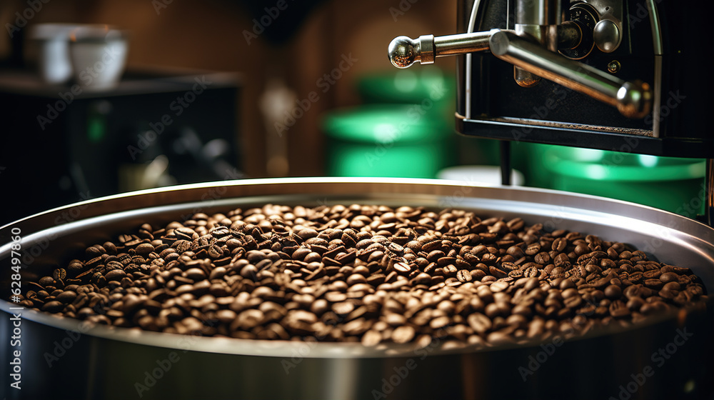 Coffee Roaster Description A closeup view of a coffee roasting machine with a batch of green