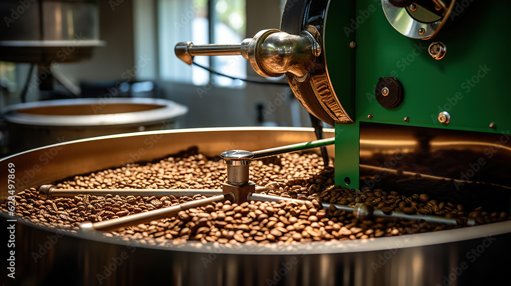 Coffee Roaster Description A closeup view of a coffee roasting machine with a batch of green