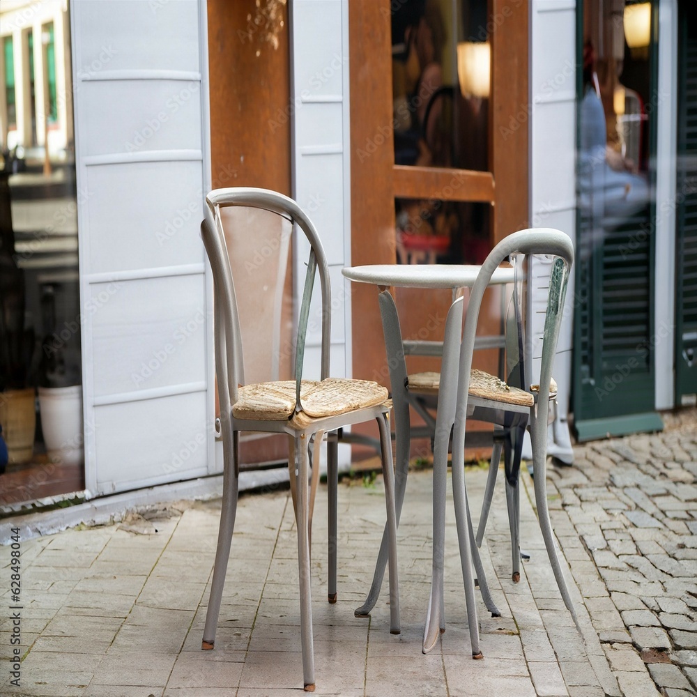 A quaint bistro chair, positioned outside a charming café, inviting passersby to sit and enjoy a coffee