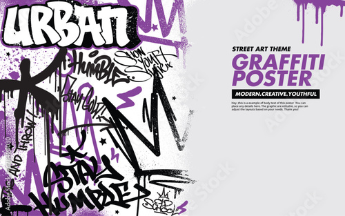Graffiti background with throw-up and tagging hand-drawn style. Street art graffiti urban theme in vector format.