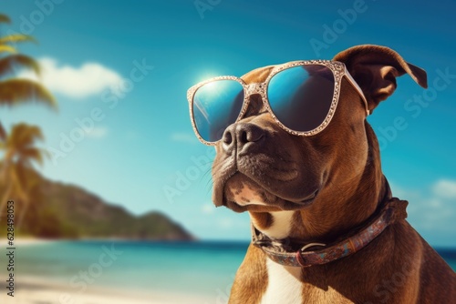 Dog wearing sunglasses ast the beach. Travel concept. © kramynina