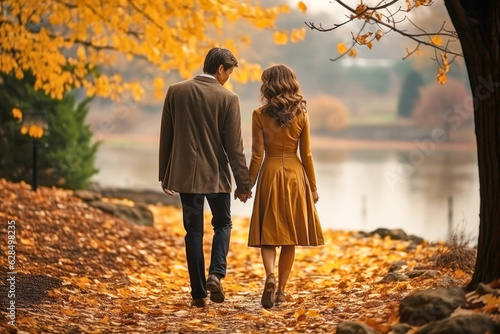 Romantic couple of lovers holding hands walking in autumn park