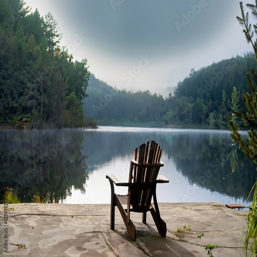 A rustic Adirondack chair placed on the edge of a serene lake, capturing the beauty of nature
