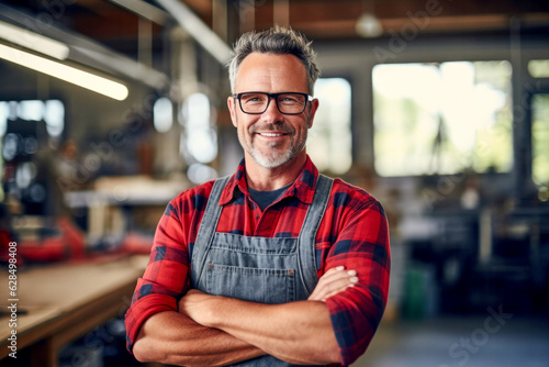 Portrait of smiling joyful satisfied handsome craftsman wearing apron and glasses working in own wooden workshop, successful small business
