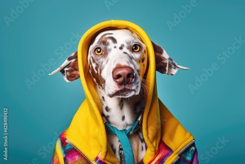 Dog wearing colorful clothes looks at the camera