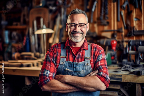 Portrait of smiling joyful satisfied craftsman wearing apron and glasses working in own wooden workshop, successful small business