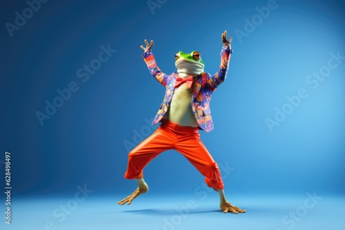 Frog wearing colorful clothes dancing on the blue background