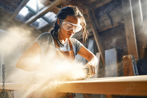 Strong woman carpenter working with circular saw on wooden plank in workshop. Craftswoman with successful small business, women's equality