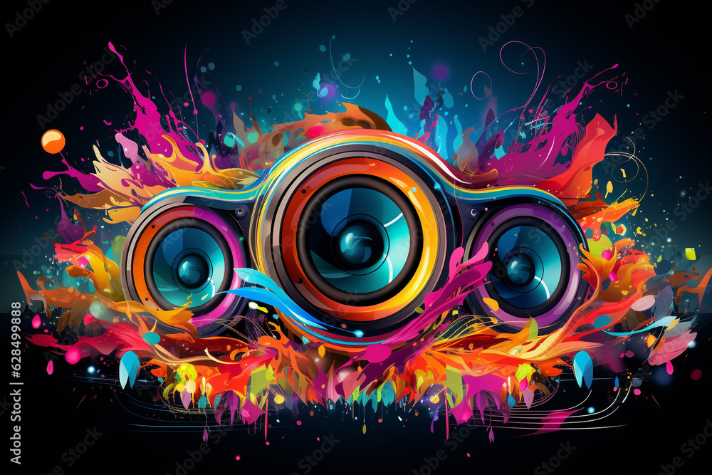 Obraz premium Sound Multimedia Art Soundsystem Hifi Audio Soundbox Lautsprecher Membran Radio Membrans abstrakt bunter Style im Querformat. Generative Ai. 