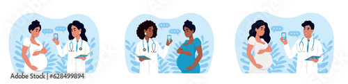 A young smiling gynecologist measures the sugar level of a pregnant woman with a glucometer. Diabetes in pregnant women. World Diabetes Day. Gynecologist and obstetrician consultation.