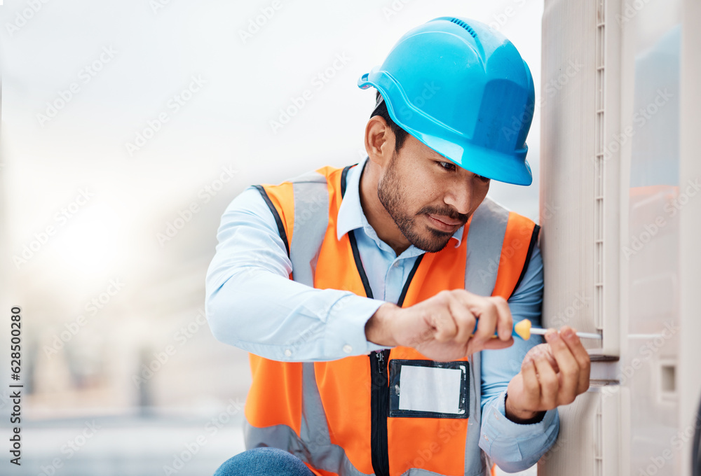 Tool, engineering and man with air conditioner for repair, maintenance and inspection on roof. Solar power, construction and male worker with equipment for service, installation and electricity check Tool, engineering and man with air conditioner for repair, maintenance and inspection on roof. Solar power, construction and male worker with equipment for service, installation and electricity check