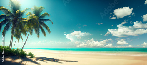 Tropical sand beach with palm trees and sea waves landscape. Tropic island wallpaper background. Summer holiday travel concept.