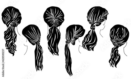 Low ponytail hairstyle silhouette set with retro waves, stylish women's styling for long hair