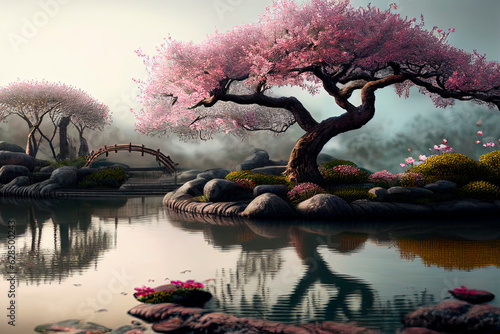 Asian garden with sakura trees and pond. Landscape with cherry blossom falling in lake with bokeh light. Springtime fine art background. © hitdelight