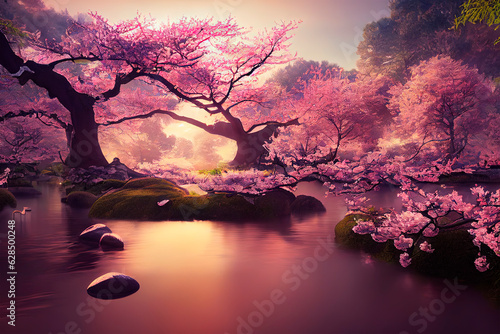 Leinwand Poster Asian garden with sakura trees and pond