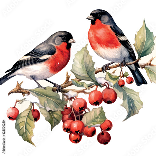 Christmas Bullfinches watercolor in hand drawn style. Vector illustration design element. © 1emonkey