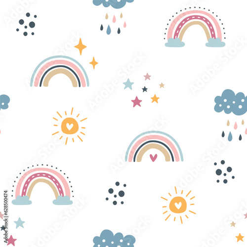 Seamless pattern of hand drawn rainbow, cloud and sun. Vector illustration for wallpaper, fabrics, textiles, prints, wrappers, curtain. 