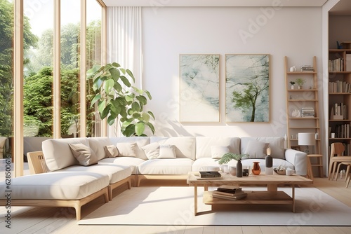 3d rendering of modern living room with white sofa  home desk in wall with decor  personal accessories  lamp  books  dry flowers in a vase  ceramics. Pouf with a blanket. Wood panel Generative AI