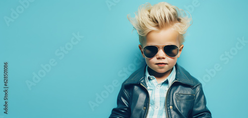 Portrait of a boy in fashionable winter outerwear isolated on flat blue background with copy space for text, fashionable kids outerwear store banner template.
