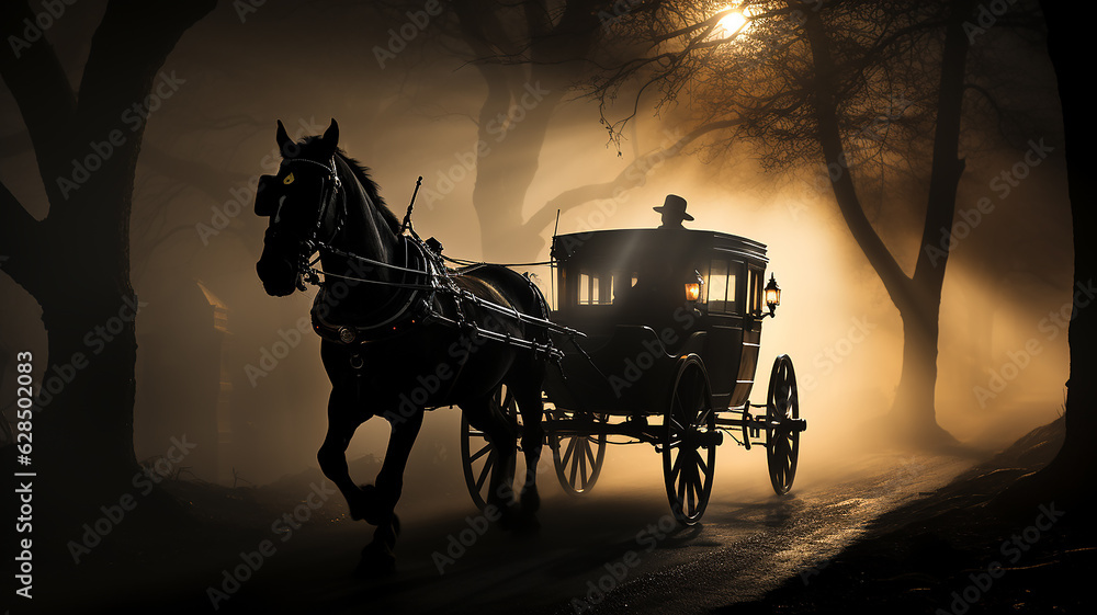 a cab a horse drawn carriage in the night fog detective old europe