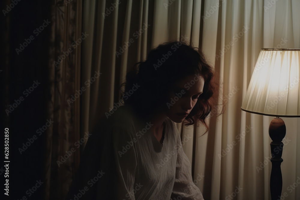 portrait of a woman/model/book character standing by a window in shadows with a thoughtful/sad expression -mental health, depression, therapy - in style film photography look - generative ai art portrait of a woman/model/book character standing by a window in shadows with a thoughtful/sad expression -mental health, depression, therapy - in style film photography look - generative ai art