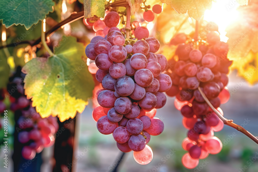 Fresh pink grape fruits still wet with dew growing on a plantation in the morning during the golden hour