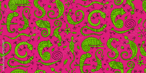 Lizard characters, jungle animal. Chameleon seamless pattern for your design