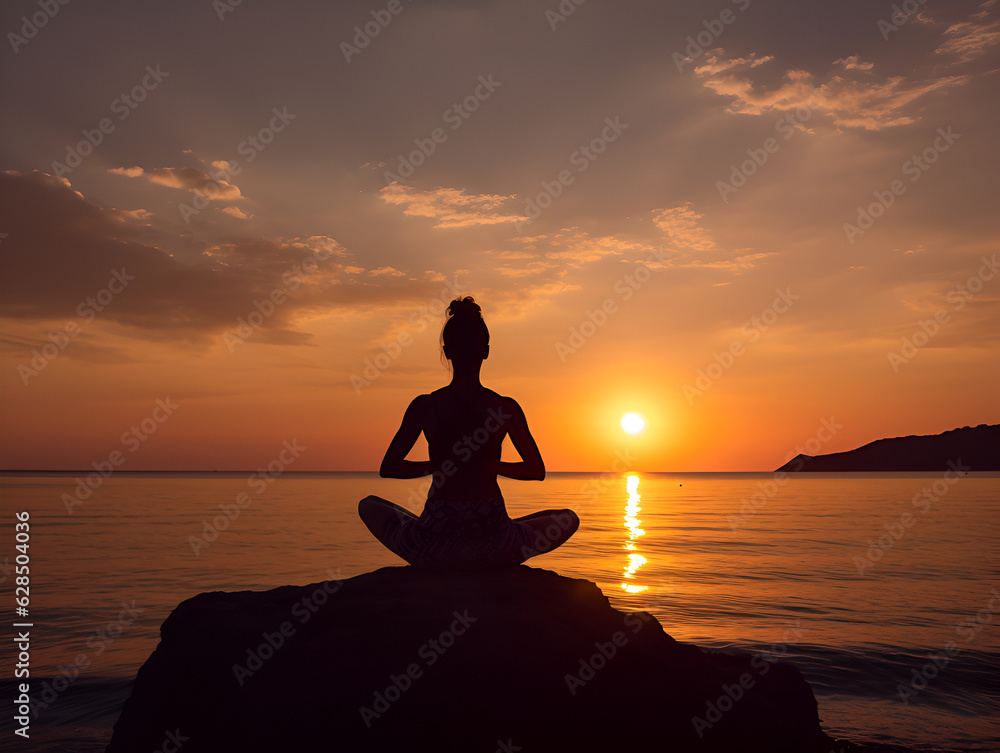 Silhouette young woman practicing yoga sunset. Beach Nature Landscape Meditation