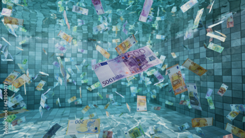 Floating euro bills - money flying in Pool - underwater banknotes wallpaper