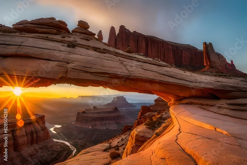 Famous sunrise at Mesa Arch in Canyonlands National Park  Utah  USA. Ai Generated