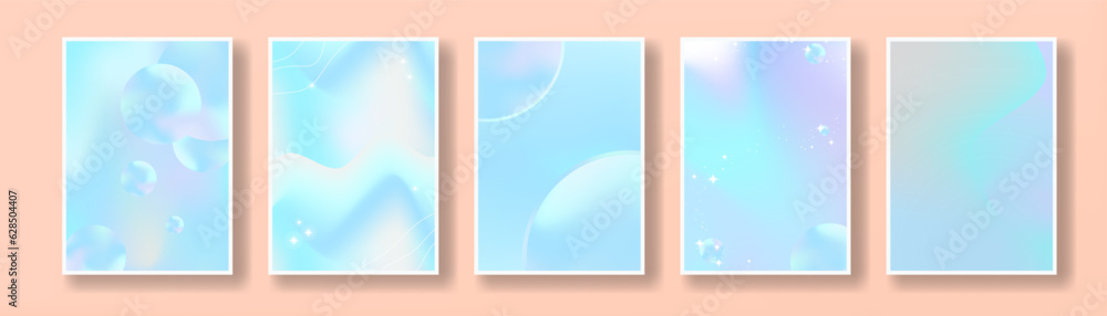 Set of Beautiful Abstract Pastel Posters in liquid gradient concept, geometric elements with twinkling stars. Modern and trendy. Blue pastel colors. Vector Illustration.