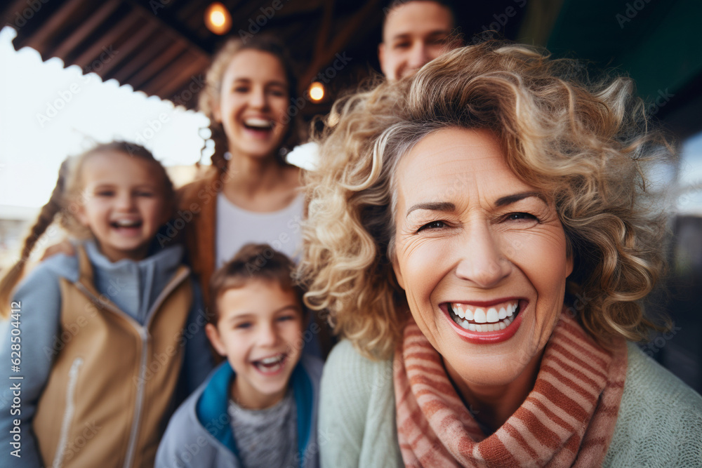 Fototapeta premium A happy mature woman surrounded by family, cherishing moments of togetherness Generative AI