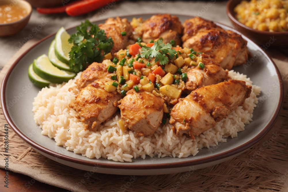 Brazilian food: Chicken and rice Galinhada Mineira close-up on a plate on a table. Horizontal top view from above Brazilian food: Chicken and rice Galinhada Mineira close-up on a plate on a table. Horizontal top view from above