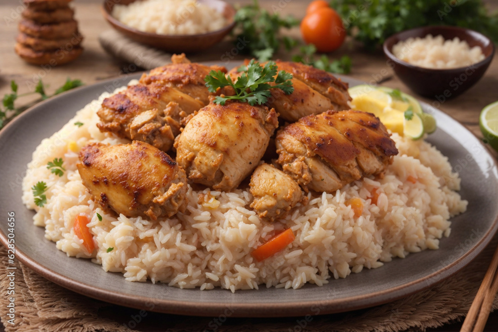 Brazilian food: Chicken and rice Galinhada Mineira close-up on a plate on a table. Horizontal top view from above Brazilian food: Chicken and rice Galinhada Mineira close-up on a plate on a table. Horizontal top view from above