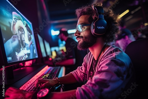 Fototapeta Gamer wearing gaming headphones and immersed in gameplay, gamer, computer games