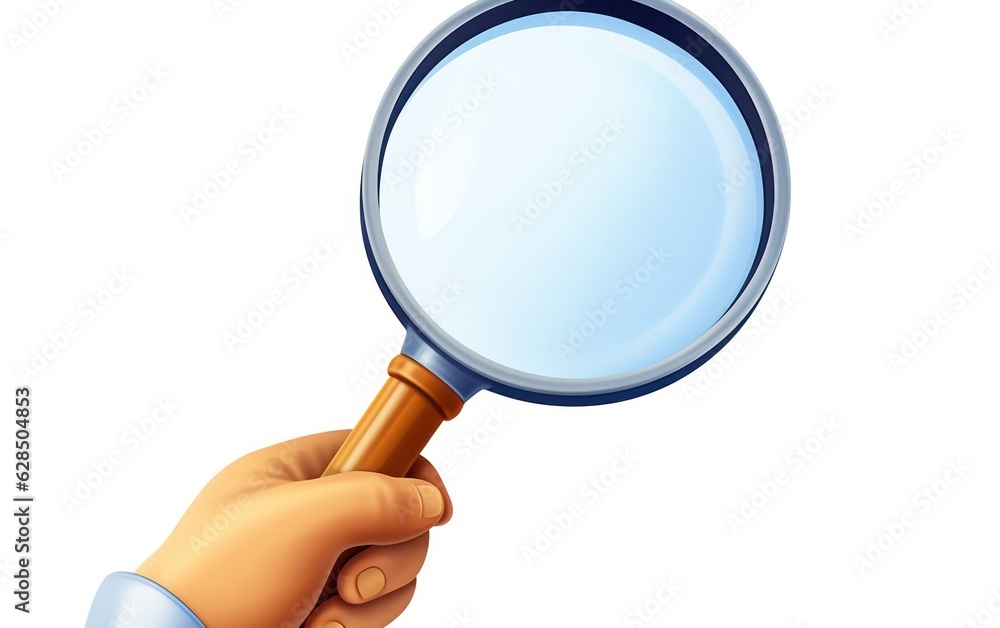 3d render. Search icon. Cartoon character hand holds big magnifying glass lens. Business of science clip art isolated on white background 3d render. Search icon. Cartoon character hand holds big magnifying glass lens. Business of science clip art isolated on white background