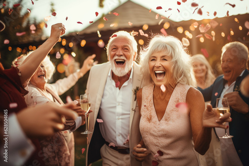 A jubilant mature couple celebrating a special occasion  surrounded by family and friends Generative AI