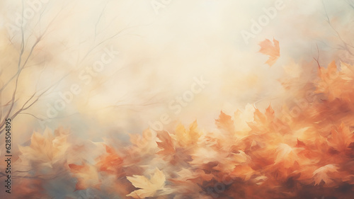autumn blurred background, morning forest in a sunny fog yellow fall leaves, drawing layer painting © kichigin19