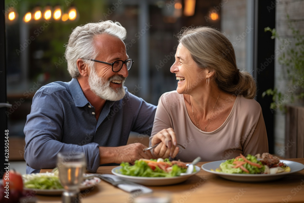 A beaming mature couple sharing a meal, finding happiness in simple moments of togetherness Generative AI