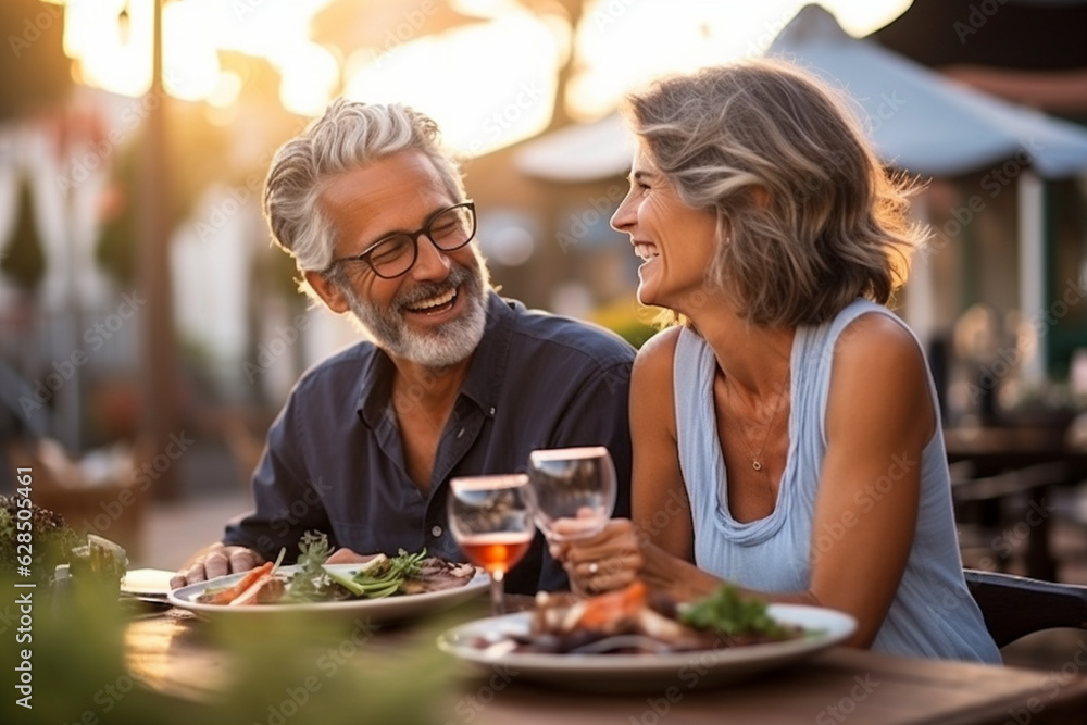 A beaming mature couple sharing a meal, finding happiness in simple moments of togetherness Generative AI