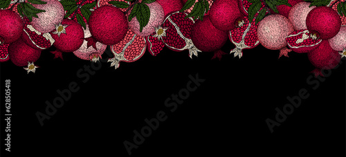 Pomegranate banner. Pomegranate plant branch with fruits. Vintage Pomegranates border. Hand drawn ink style fruit background. Pomegranate tree, ripe fruit. Rosh hashanah print.Textile, fabric texture