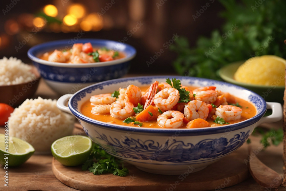 Shrimp stew, usually served with rice, mush and manioc flour. Traditional dish of Brazilian cuisine and consumed throughout the Brazilian coast. Shrimp stew, usually served with rice, mush and manioc flour. Traditional dish of Brazilian cuisine and consumed throughout the Brazilian coast.