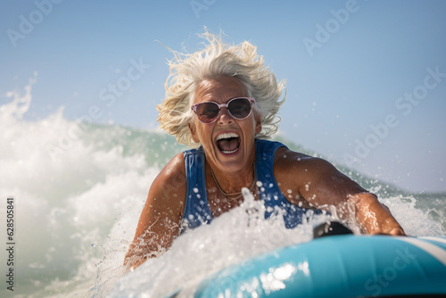 An animated mature woman trying out water sports at the beach, feeling the thrill of the ocean Generative AI © Denis Yevtekhov