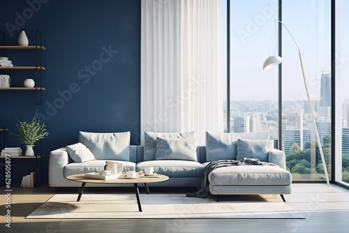 The interior of a modern living room with a dark blue sofa   Modern cosy living room and blue wall texture background interior design / 3D rendering , Generative AI © abstract Art