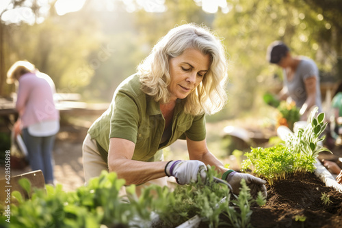 A radiant mature woman participating in a community gardening project  enjoying the sense of camaraderie Generative AI