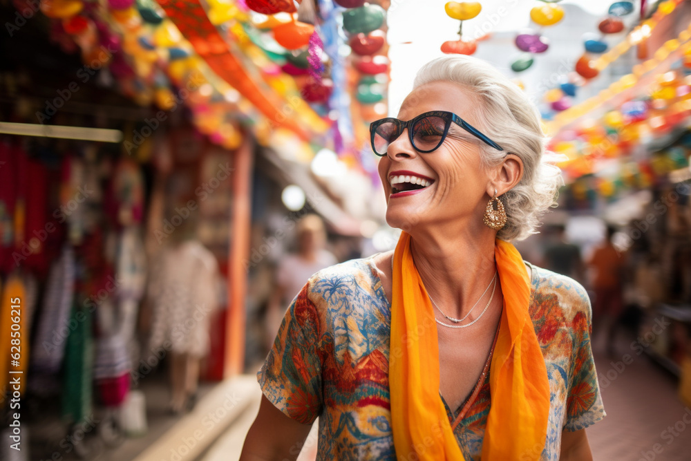 A cheerful mature woman exploring a vibrant street market abroad, embracing the culture and traditions Generative AI