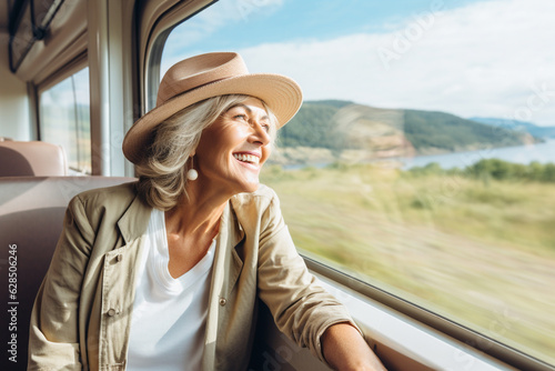 A delighted mature woman on a scenic train journey, admiring breathtaking landscapes passing by Generative AI